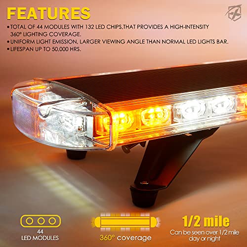 Xprite 48 Inch LED Rooftop Emergency Strobe Warning Lights Bar w/Adjustable Mounting Brackets, for Vehicles, Security, Law Enforcement, Snowplow, Tow Trucks, Crane, Construction Cars - White Amber - color: White Amber