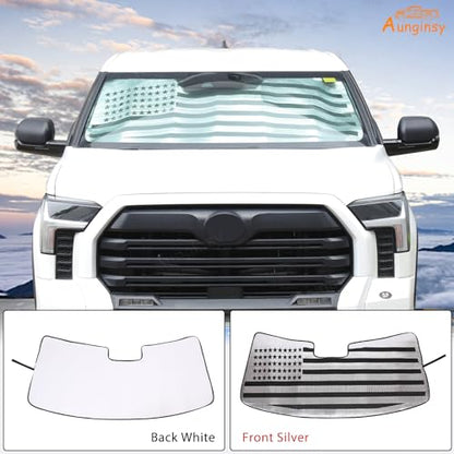 Car Front Windshield Sunshade Compatible with Toyota Tundra/Sequoia 2022-2026, Windshield Sunshades Foldable Reflective Sun Visor for UV Rays & Sun Heat Protection Car USA Flag Pattern Accessories - color: Silver(B)