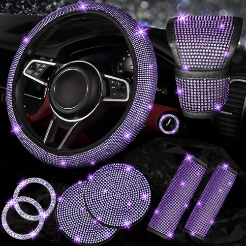 NBTEPEM 8 pcs Bling Car Accessories Set for Women, Steering Wheel Cover, Sparkly Seat Belt Covers, Bling Gear Shift Cover, Universal Fit Most Cars (Purple Violet Diamond) - color: Purple Diamond, size: Steering Wheel Cover Set