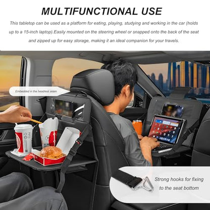 Car Steering Wheel Tray, Foldable Car Laptop Desk Eating Food Tray with Transparent Holder & Tissue Box, Adjustable Back Seat Headrest Table for in-Car Dining Working Studying (Black) - color: Black