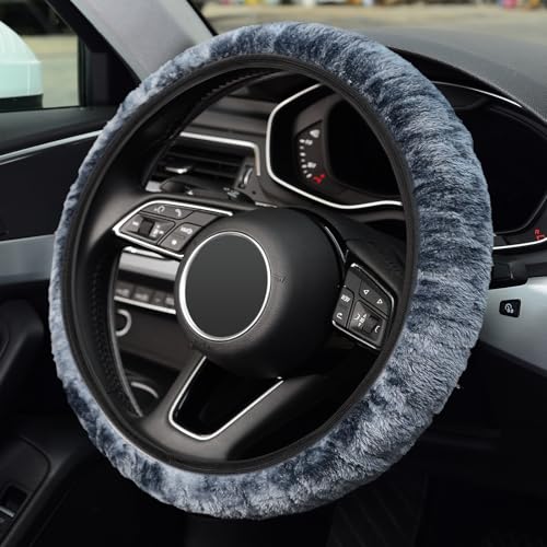 KAFEEK Elastic Long Microfiber Plush Steering Wheel Cover for Winter Warm, Universal 15 inch, Anti-Slip, Odorless, Gray - color: Gray