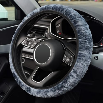 KAFEEK Elastic Long Microfiber Plush Steering Wheel Cover for Winter Warm, Universal 15 inch, Anti-Slip, Odorless, Gray - color: Gray