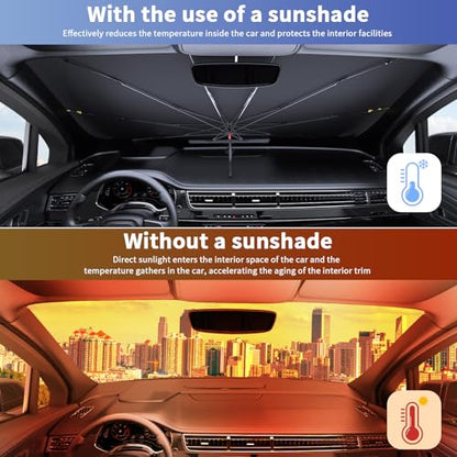 Car Windshield Sun Shade - Universal 55"x31" Front Window Sunshield with Heat-Blocking Titanium Coating, Compact Umbrella Design, for Sedan, SUV, Truck