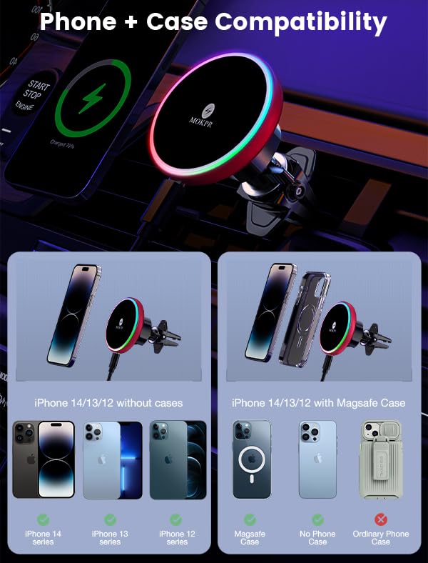 MOKPR for Magsafe Car Mount Charger-15W Wireless Car Charger-Magnetic Car Phone Holder for Dash Air Vent-LED RGB HandsFree Car Mount Fast Car Charger for iPhone 16 15/14/13/12 Series RED - color: Red