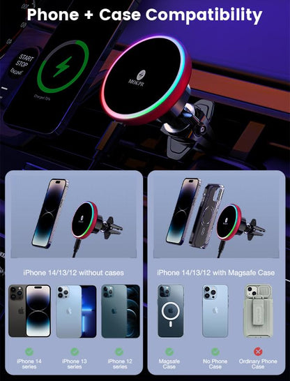 MOKPR for Magsafe Car Mount Charger-15W Wireless Car Charger-Magnetic Car Phone Holder for Dash Air Vent-LED RGB HandsFree Car Mount Fast Car Charger for iPhone 16 15/14/13/12 Series RED - color: Red