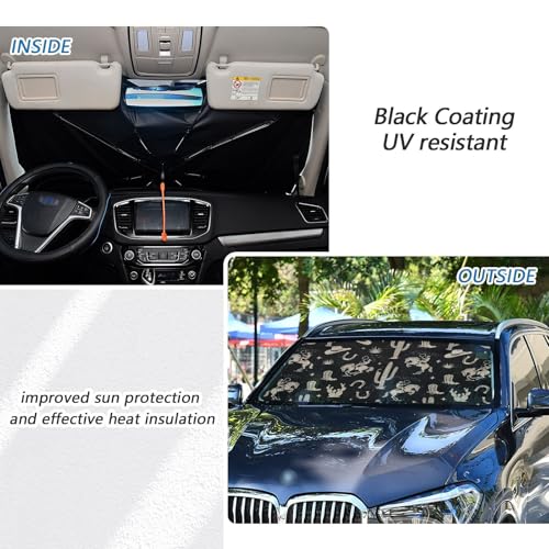 Gredecor Windshield Sun Shade Umbrella, Boho Western Cactus Cowboy Foldable Car Sunshade with UV Block Front Window (Heat Insulation Protection) for Auto Windshield Covers