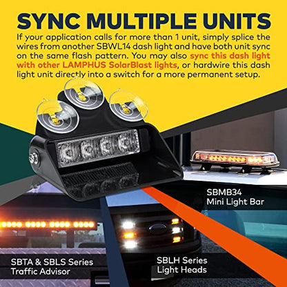 LAMPHUS SolarBlast SBWL14 4W Amber Blue LED Warning Strobe Dash Light [32 Flash Modes] [Adjustable Angle] [Suction Cups] Flashing Emergency Dash Windshield Light for Volunteer Firefighter Vehicles - color: Amber / Blue