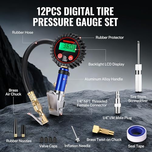 WORKPRO 12PCS Digital Tire Pressure Gauge with Inflator, 250 PSI, Heavy Duty Air Compressor Attachments with Storage Bag, Tire Gauge with Brass Air Chuck and Rubber Hose for Vehicles and Inflatables