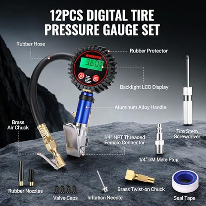 WORKPRO 12PCS Digital Tire Pressure Gauge with Inflator, 250 PSI, Heavy Duty Air Compressor Attachments with Storage Bag, Tire Gauge with Brass Air Chuck and Rubber Hose for Vehicles and Inflatables