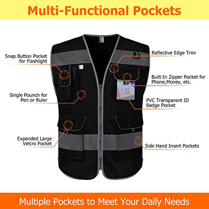 TCCFCCT Hi Vis Vest, 9 Pockets High Visibility Reflective Safety Vest for Men Women, Safety Construction Vest with Reflective Strips, Meets ANSI/ISEA Standards, (Black, Medium) - color: Black Fabric-bison 001, size: Medium