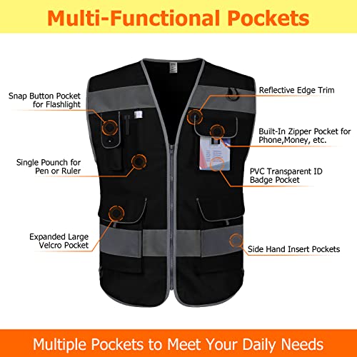 TCCFCCT Safety Vest for Men Women, 9 Pockets High Visibility Reflective Safety Vest, Hi Vis Construction Vest with Reflective Strips, Meets ANSI/ISEA Standards, (Black, Small) - color: Black Fabric-bison 001, size: Small