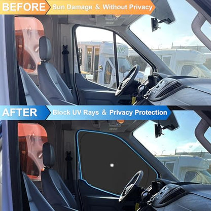 Front Side Window Sun Shade with Suction Cups for 2015-2024 Fo-rd Transit Van High and Medium Roof, Foldable Window Sunshade Sun Visor Protector, Side Shades Blocks UV Ray Heat, Pack of 2 - size: Silver & Black-Fit 2015-2024 Ford Transit