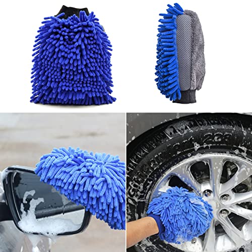 BMLEI Car Wash Brush With Long Handle, Chenille Microfiber Mop Mitt, 1 Replacement Head, Wheel Brush Extension Pole, Cleaning Kit With Towels for Cars Trucks 5PCS - color: 5pcs Blue Mop Washing Set