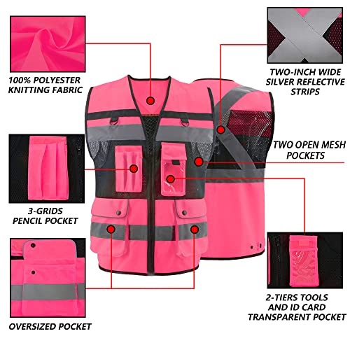 Safety Vest High Visibility Reflective Construction Vest for Men Women - color: Pink, size: Small