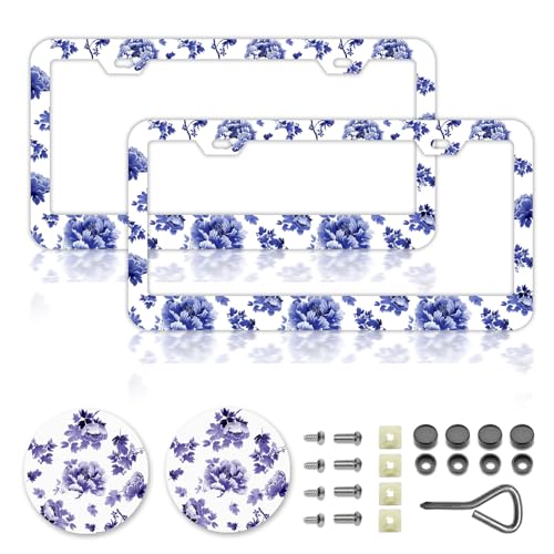 Blue White Porcelain Flowers License Plate Frames，Floral Car Accessories for Women，Cute License Plate Holder，Aluminum License Plate Frame Fits Standard US Vehicles Size 12.2 x 6 Inch (Blue-2pcs) - color: Blue White Porcelain Flowers