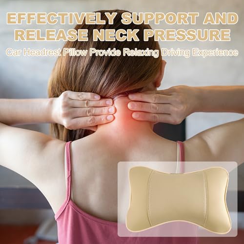 2 Pack Car Neck Pillow PU Leather Automotive Headrest Pillow for Car Support Neck Pain Relief Universal Car Pillow (Beige) - color: Beige