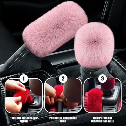 2PCS Plush Car Gear Shift Knob Cover & Handbrake Cover, Shift Knob Protector, Soft Fluffy Gear Handbrake Protective Sleeves, Shifter Lever Brake Handle Warm Plush Set for Cars (Dark Pink) - color: Dark Pink