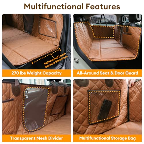 FUNNY FUZZY Dog Car Seat Cover, Back Seat Extender for Dogs - 420Lb Hard Bottom Waterproof Pet Car Seat Cover, 600D Heavy Duty Pet Hammock with Non-Slip Bottom for Cars, SUV, Trucks - color: Brown