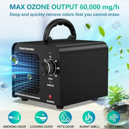 Ozone Generator 65,000mg/h,Commercial/Home Ozone Odor Eliminator, Portable High-capacity O3 Ion Deodorizer, Suitable for 4500 Square Feet of Cars, Pets, Kitchens, Smoke-filled Spaces(Black)