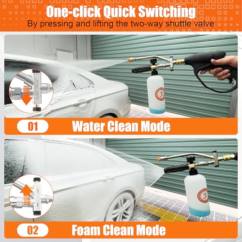 JOEJET Short Pressure Washer Gun with Foam Cannon Dual Connector Accessory, Car Wash Foam Gun with 1/4 Inch Quick Connector, 5 Pressure Washer Nozzle Tips, 1 Liter - size: 1 L