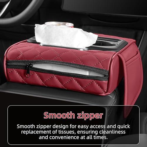 5 in 1 Car Center Console Cover, Armrest Pad with 2 Storage Pockets, Cup Holder, Tissue Box Slot, Phone Holder, Universal Car Interior Organizer (Burgundy) - color: Burgundy