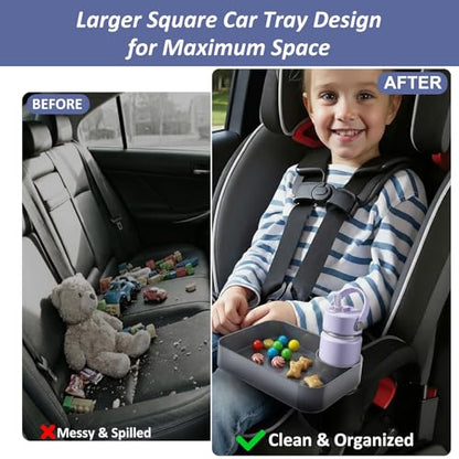 Car Seat Snack Tray for Kids, Mess-Free Square Travel Tray Cup Holder Snack Tray, Durable Car Food Tray for Toddlers, Universal Fit Kids Travel Road Trip Essentials (Dark Gray) - color: dark gray