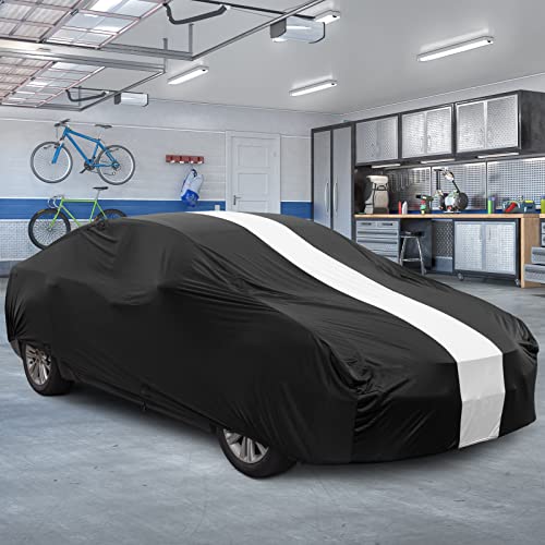 Favoto Dustproof Car Cover Indoor - Sedan Stretch Cover Universal Fit 177-193 Inch Inside Protection Full Car Cover with Storage Bag Breathable Windproof All-Weather Auto Vehicle Cover - color: Black-Upgraded