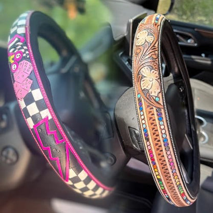 Western Cowboy Steering Wheel Cover Leather, Retro Car Tooled Leather Steering Wheel Cover, Embossed Hand-Painted Universal Anti-Slip - color: O Color