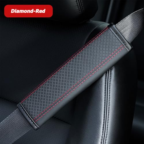 Car Seat Belt Cover Pads, Leather Seat Belt Cover, Universal Car Seat Belt Shoulder Strap Covers, Breathable Leather Soft Harness Pad Protect Your Neck and Shoulder, 2 PCS (Diamond-Red) - color: Diamond-Red