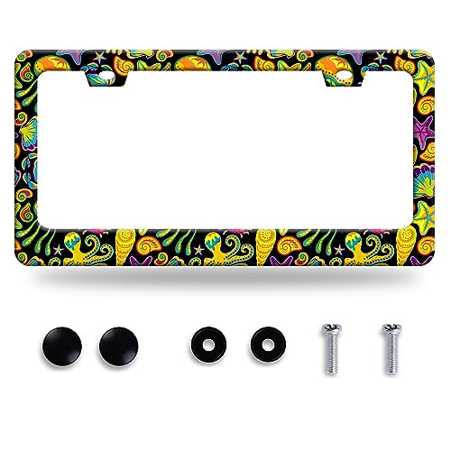 Colorful Sea Life License Plate Frame Crab Octopus Starfish License Plate Funny Stainless Steel Auto Parts Beautiful License Plate Decoration for Holes Screws Size 12.3" x 6.3" - color: Sea Life Crab Octopus Starfish