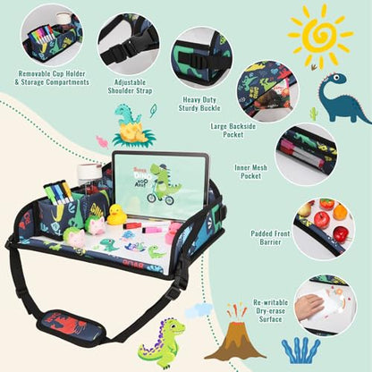 Kids Travel Tray for Airplane - Toddler Car Seat Table Tray, Road Trip Essentials for Boys & Girls, Carseat Lap Desk for Kids Road Trip Activities, Dinosaur - color: Dinosaur