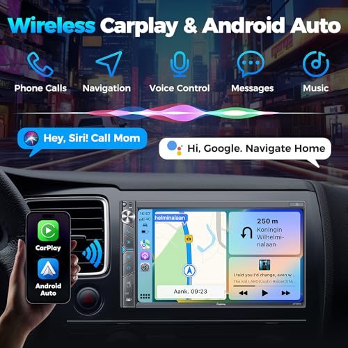 SJoyBring Upgrade Wireless Double Din Car Stereo with Apple Carplay, Android Auto, Dash Cam, Bluetooth, 4-Channel RCA, 2 Subwoofer Ports, 7" HD Capacitive Touchscreen Car Radio, 60W*4, Backup Camera - color: Black Wireless Car Stereo with Dash Cam