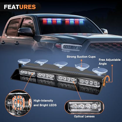 Nilight 32LED Red Blue Emergency Dash Strobe Lights with Controller Suction Cups Warning Hazard Interior Front/Rear Windshield Deck Split Light Bar for Trucks Construction Vehicles - color: Red and Blue