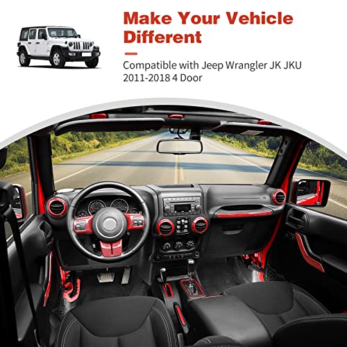 CheroCar 18PCS Interior Trim Kit for Jeep Wrangler JK JKU 2011-2018 4 Door,Steering Button Frame, Air Conditioning Vent Trim Cup Holder Cover,Gear Shift Knobs Frame,Red Carbon Fiber… - color: Red Carbon Fiber