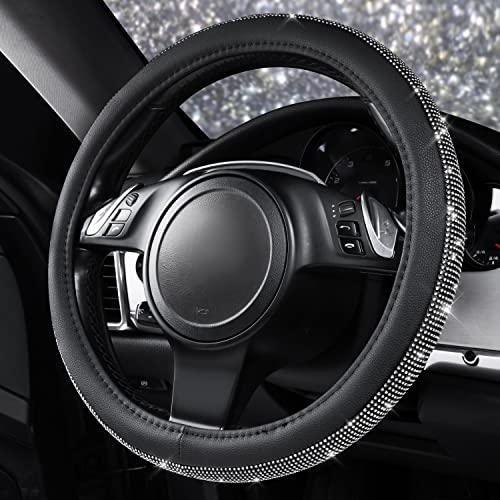 CAR PASS Diamond Black Leather Steering Wheel Cover, with Bling Crystal Rhinestones Universal Fit 14" 1/2-15" Crystal Glitter for Women Sparkle Girl Fit Suvs,Vans,Sedans,Cars,Trucks, White Diamond - color: Black Crystal Holder Silver Diamond