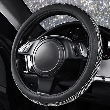 CAR PASS Diamond Black Leather Steering Wheel Cover, with Bling Crystal Rhinestones Universal Fit 14" 1/2-15" Crystal Glitter for Women Sparkle Girl Fit Suvs,Vans,Sedans,Cars,Trucks, White Diamond - color: Black Crystal Holder Silver Diamond