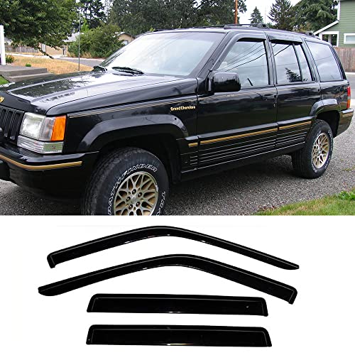 Side Window Visor Vent Deflector,Outside Mount Tape-on Shatterproof Sun Rain Guard fit for 1993-1998 Jeep Grand Cherokee,Dark Smoke 4pc Window Shades 94320 - size: 1993-1998 Grand Cherokee Outside Mount