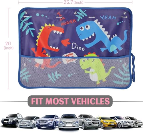 DIZA100 Car Window Shade for Baby, 2 Pack Car Sun Shades with Storage Net Pocket Auto Window Curtain 7 Suction Cups Blue Dinosaurs for Sun/Heat/UV Rays Protection Kids - color: Blue Dino-2pcs