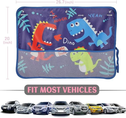 DIZA100 Car Window Shade for Baby, 2 Pack Car Sun Shades with Storage Net Pocket Auto Window Curtain 7 Suction Cups Blue Dinosaurs for Sun/Heat/UV Rays Protection Kids - color: Blue Dino-2pcs