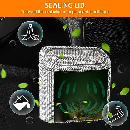 Accmor Bling Car Trash Can with 30pcs Garbage Bags, Vehicle Trash Bin with Lid Auto Dustbin Organizer Garbage Storage, Sparkling Crystal Mini Trash Container Holder - color: Black/White Rhinestone