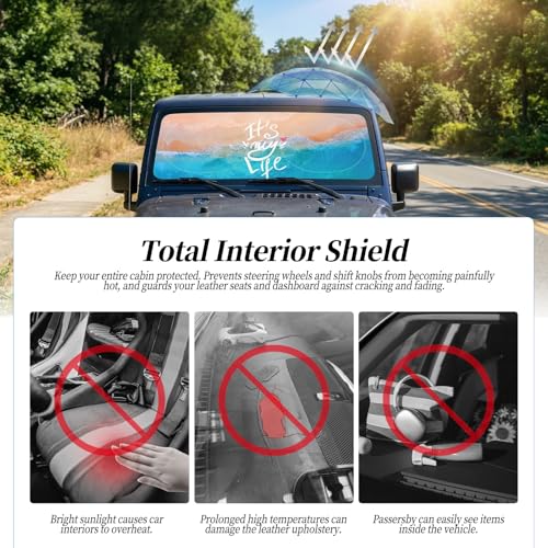 63"x28.5" Car Windshield Sun Shade with Storage Pouch, Stylish Printed Front Window Sunshade with Double Ring Frame, Universal Fit Foldable Heat Blocker & UV Protector for SUV, Sedan (Beach) - color: Beach