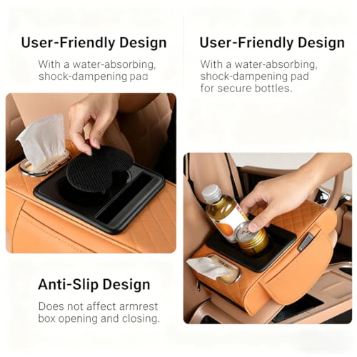 Multifunctional Pu Leather Car Armrest Box Mat, 2026 New Center Console Cover with Cup Holder, Storage Bags, Tissue Boxs Slot, Phone Slot Car Armrest Storage Box Organizer for Most Cars