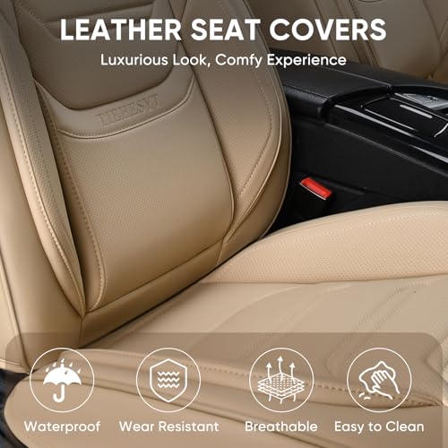 TIEHESYT Beige Car Seat Covers Full Set, Breathable Leather Automotive Front and Rear Seat Covers & Headrest, Automotive Seat Cover, Compatible with Most Cars Sedans SUV Pickup Trucks - color: Faddish Beige, size: Front Pair and Rear