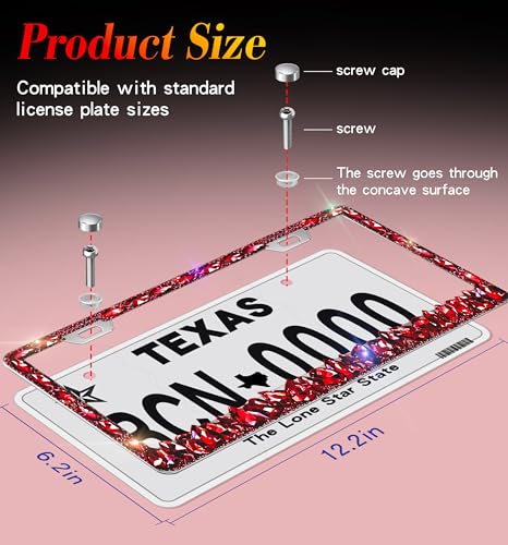 Bling License Plate Frame 2 Pack Rhinestone Bedazzled License Plate Over | Holder Sparkly Diamond Glitter Stainless Steel Frame（CPJ-03-Red 2） - color: CPJ-03-Red 2