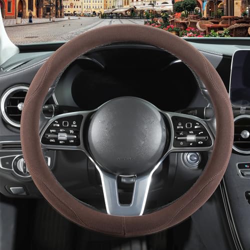 Brown Suede Steering Wheel Cover, Breathable Non-Slip Sweat-Proof Wear-Resistant No Pilling, Warm in Winter and Cool in Summer, Universal 15 inch - color: Brown, size: Round-M[14.5''-15'']