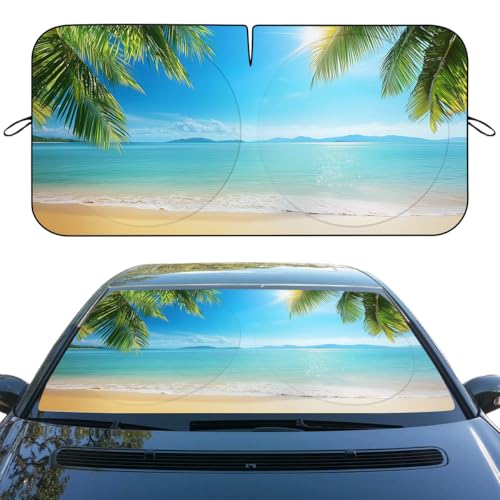 Beach Car Windshield Sunshade - Folding Tropical Palm Tree Waves Seaside Heatshield Front Window UV Rays Sun Shade Visor Protector for Sedan Truck SUV Accessories - color: Beach, size: 59"L x 31.5"W