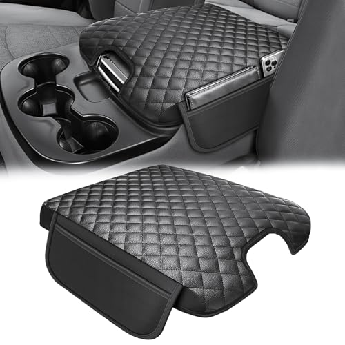 Center Console Cover Fit for 2013-2018 Dodge Ram 1500 & 2013-2024 Ram 2500/3500/1500 Classic Model for Jump Seat Console, Comfortable Armrest Pad, Middle Console Cover with 2 Side Pockets - style: A: Jump Seat Console 2013-2018 Ram Black Leather（with 2 Si