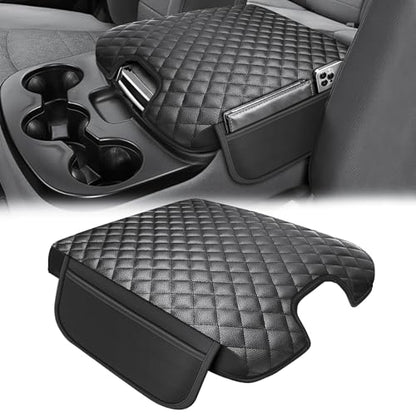 Center Console Cover Fit for 2013-2018 Dodge Ram 1500 & 2013-2024 Ram 2500/3500/1500 Classic Model for Jump Seat Console, Comfortable Armrest Pad, Middle Console Cover with 2 Side Pockets - style: A: Jump Seat Console 2013-2018 Ram Black Leather（with 2 Si