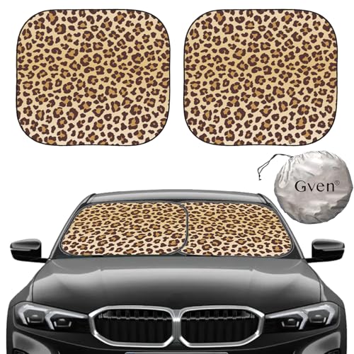 Gven Windshield Sun Shade 2pcs with Bonus Car Sunshade for Front Window Shades 2025 Technology Reflect UV and Heat Sun Visor Automotive Interior Sun Protection (Leopard, S) - color: Leopard, size: Standard