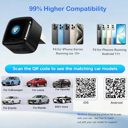 Mini Wireless CarPlay Adapter for iPhone/Android Auto, 2-in-1 Wired to Wireless Car Dongle, One-Click Switch, 5s Auto Reconnect, 5.8GHz WiFi+Bluetooth5.4, Compatible with iOS10+/Android10+，Black
